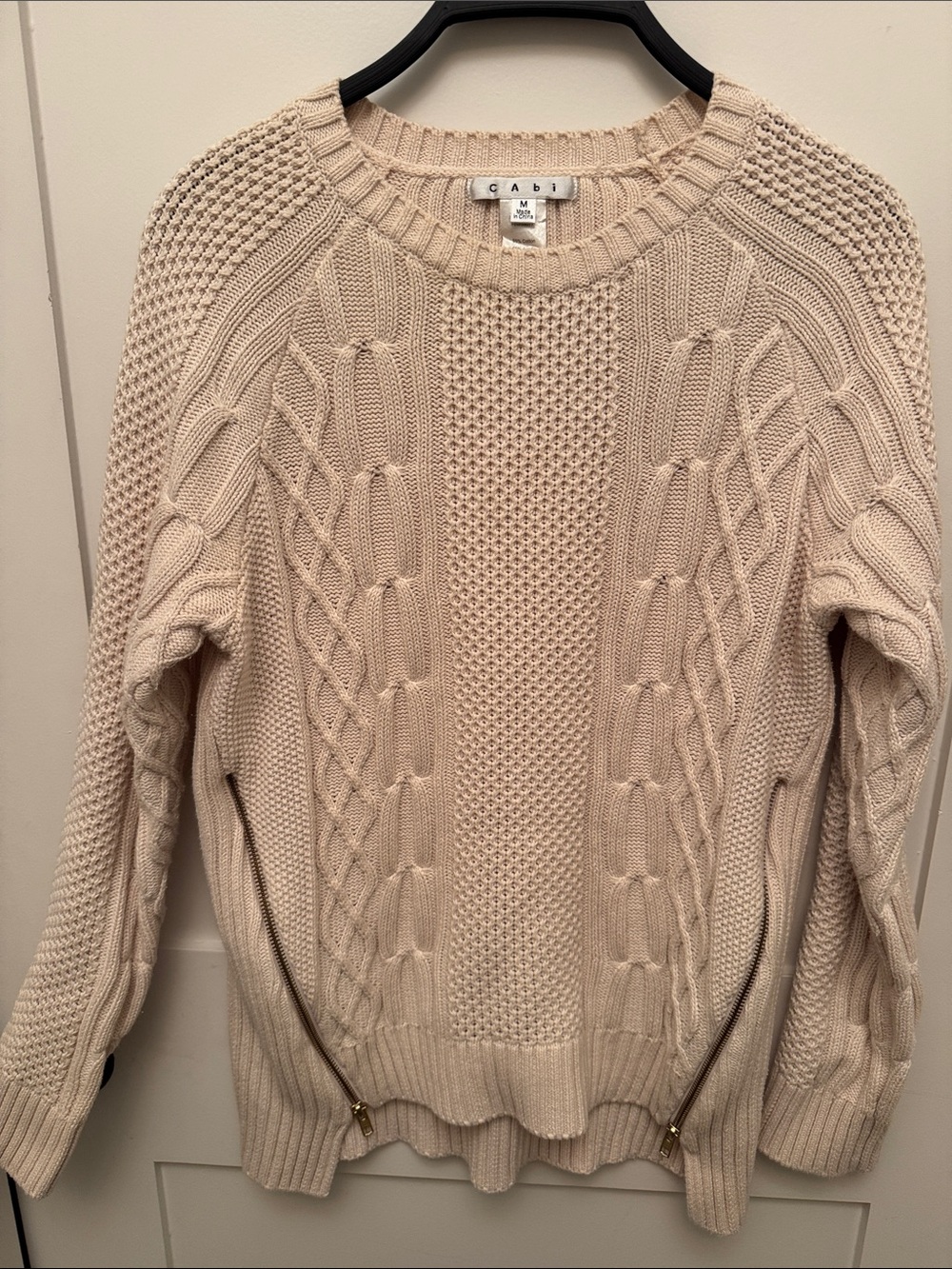 CAbi Cream Cable-Knit Crew Sweater with Side Zips